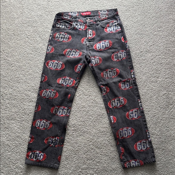 Supreme Other - Supreme Black Denim Jeans with Red and White 666 Allover Print
